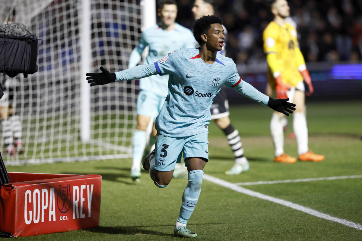Alejandro Balde pictured celebrating after scoring for Barcelona in a 3-1 win at Unionistas de Salamanca in the Copa del Rey in January 2024